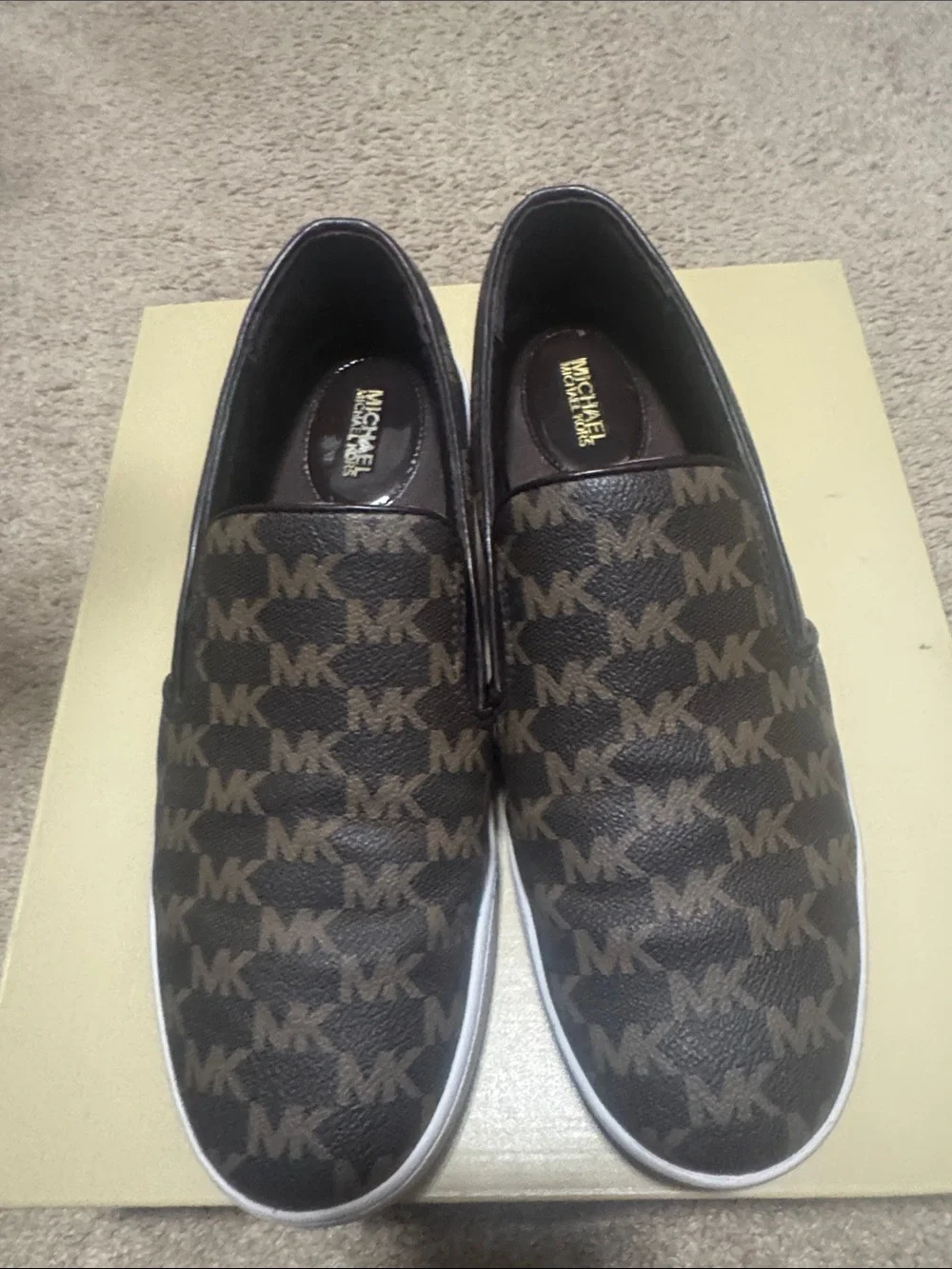 Michael Kors Brown MK Monogram Slip-On Sneakers with White Outsole